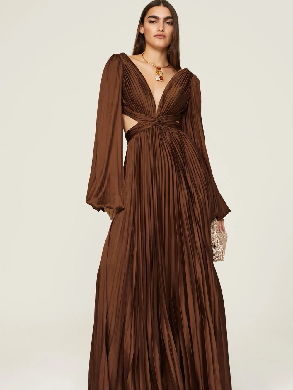 Mac Duggal Chocolate Brown Pleated Long-Sleeve Cutout Gown